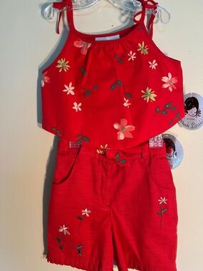 Sarah Louise Red Floral Girls' Crop Top and Short Set Size 3yrs